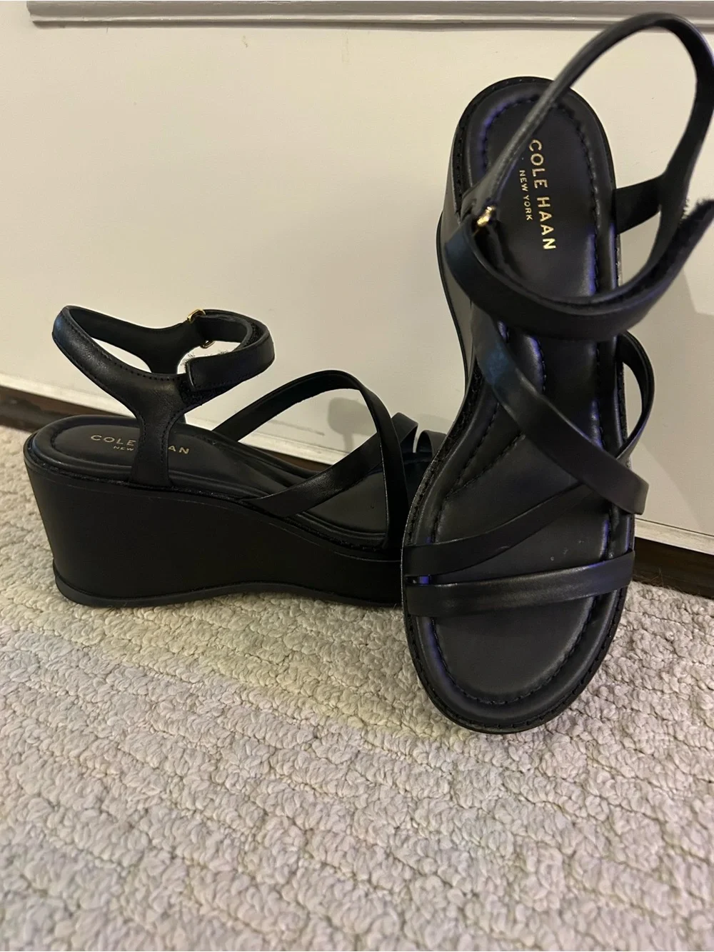 Cole Haan Grand Ambition Azzura Strappy Wedge Sandals in Black Leather